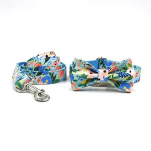 Blue Summer Floral Garden Bow Tie Dog Collar & Leash Set