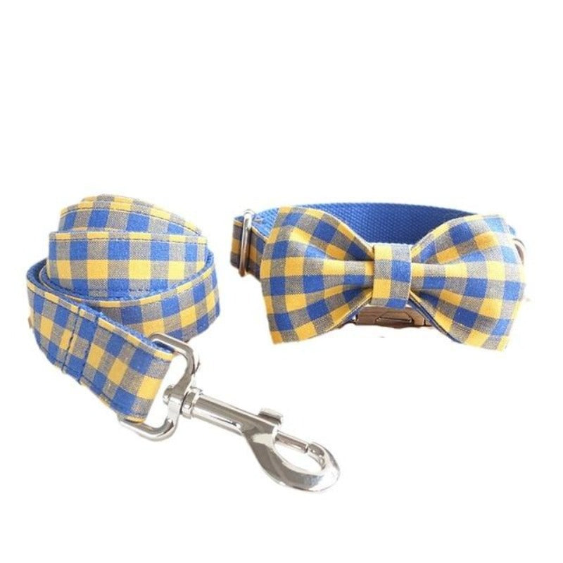 Our preppy Blue & Yellow Plaid Bow Tie Dog Collar & Leash Sets are best sellers.