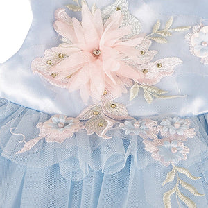 Floral Cascade Dog Party Dress is adorned with intricate embroidered lacework and pouf cascading flowers. 