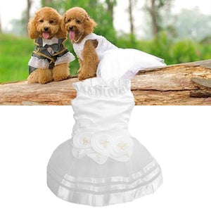 This Precious Princess Wedding Dog Dress is elegantly styled with satin, clean lines and a floral bouquet waist. 