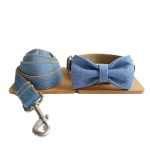 Faded Jeans/Beige Bow Tie Dog Collar & Leash Set