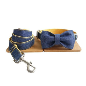 Dark Denim/Yellow Trim Bow Tie Dog Collar & Leash Set