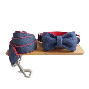 Dark Denim/Red Trim Bow Tie Dog Collar & Leash Set
