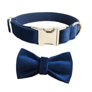 Navy Blue Suede Bow Tie Dog Collar & Leash Set