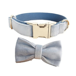 Baby Blue Suede Bow Tie Dog Collar & Leash Set