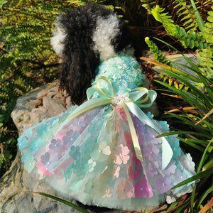 Available in 5 sizes, this luxurious mint green "Stella" designer dog party dress is perfect for small breed dogs such as Yorkies, Maltese and Poodles for weddings, anniversaries, photoshoots and special occasions.