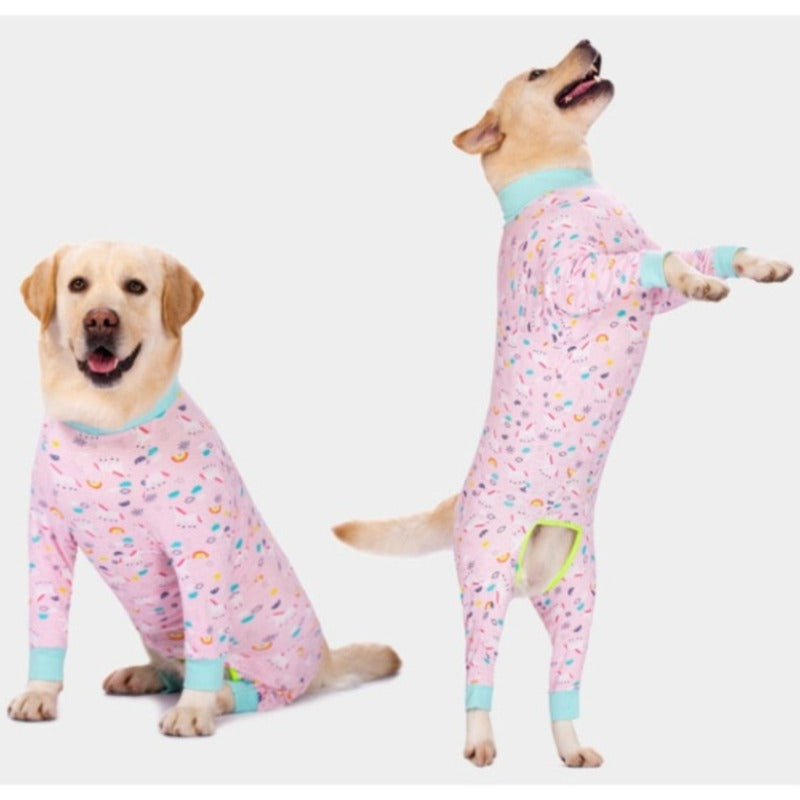 These Whimsical Pink Onesie Dog PJs are the epitome of happiness with white puffy horses and cheery rainbows. 
