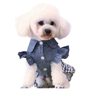 This frilly jean dress is perfect for small breed dogs such as Chihuahua, Maltese, Yorkshire Terrier, Toy Poodle.