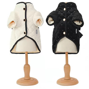 Luxurious Black & White Dog Dress Coat features 3 snap buttons for easy on/off.