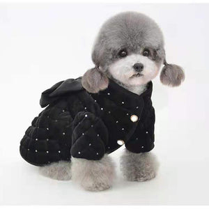 Luxurious Black & White Dog Dress Coat fits small dogs like Toy Poodles.