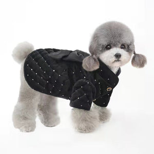 Luxurious Black & White Dog Dress Coat is adorned with a large bow and bling sequin beading.