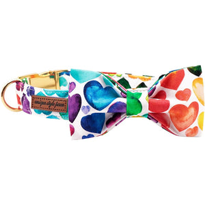 This stylish Rainbow Hearts Bow Tie Dog Collar has a detachable bow tie.