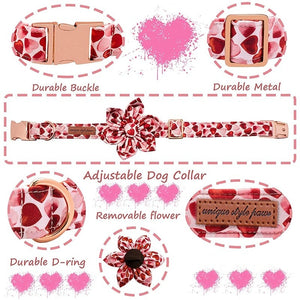 This adjustable Valentine Red Heart Flower Dog Collar features a durable buckle and D-ring.