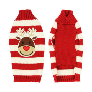 Rudolph Christmas Dog Sweater features red and white stripes and a red nosed reindeer applique on the back and red underbelly.