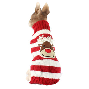 Rudolph Christmas Dog Sweater features red and white stripes and a red nosed reindeer applique on the back