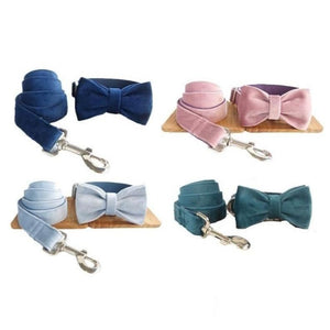 Our collection of Colorful Suede Bow Tie Dog Collar & Leash Sets is available in 4 colors. 